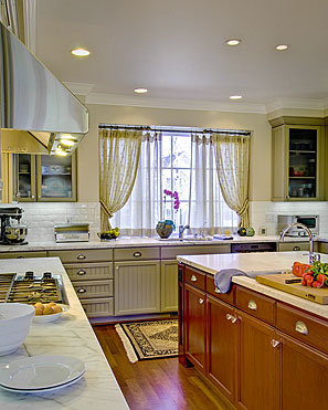 InterSpace Design - Kitchen Renovation showing Custom Curtains in Sheer fabrics with shirred Tiebacks