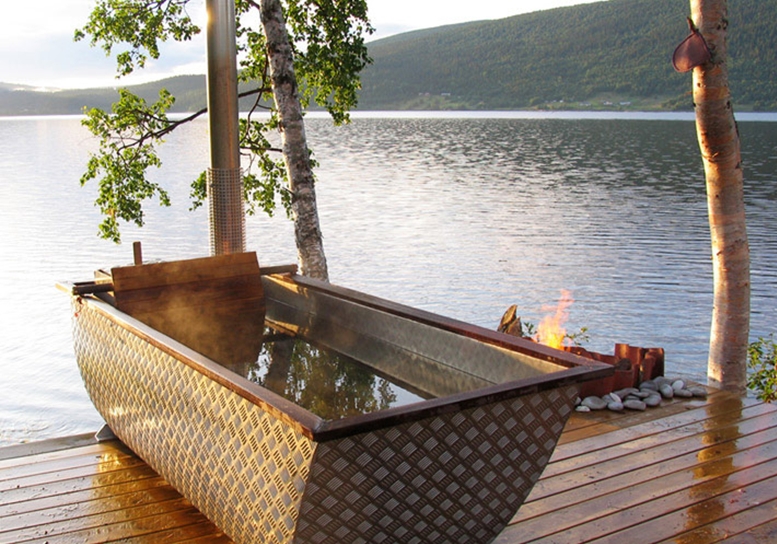 An outdoor wood-fired bathtub 