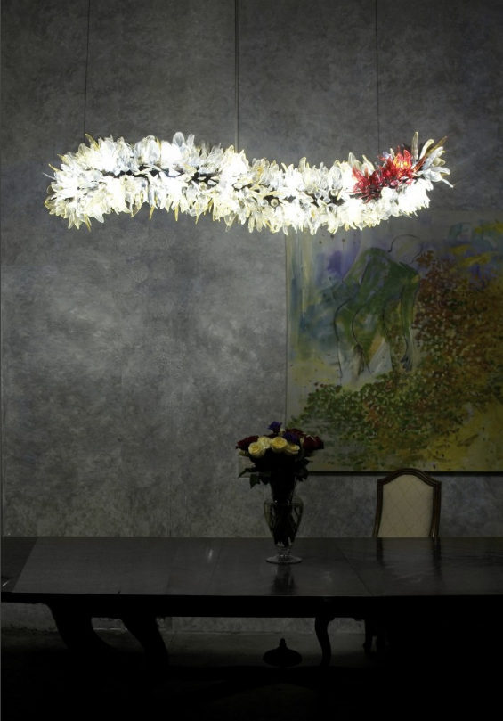 A glass chandelier in shape of a feather boa 
