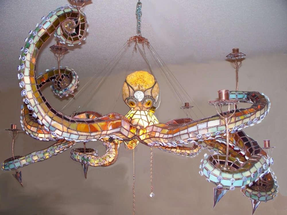 Stained glass chandelier in shape of an octopus.