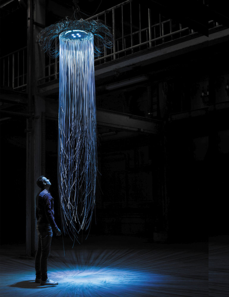 An LED suspension light fixture of wire ropes inspired by a bioluminescent jellyfish
