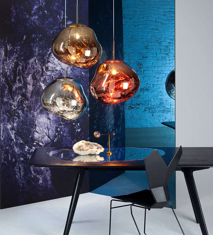 Pendant fixtures that are highly reflective and globular in shape. 