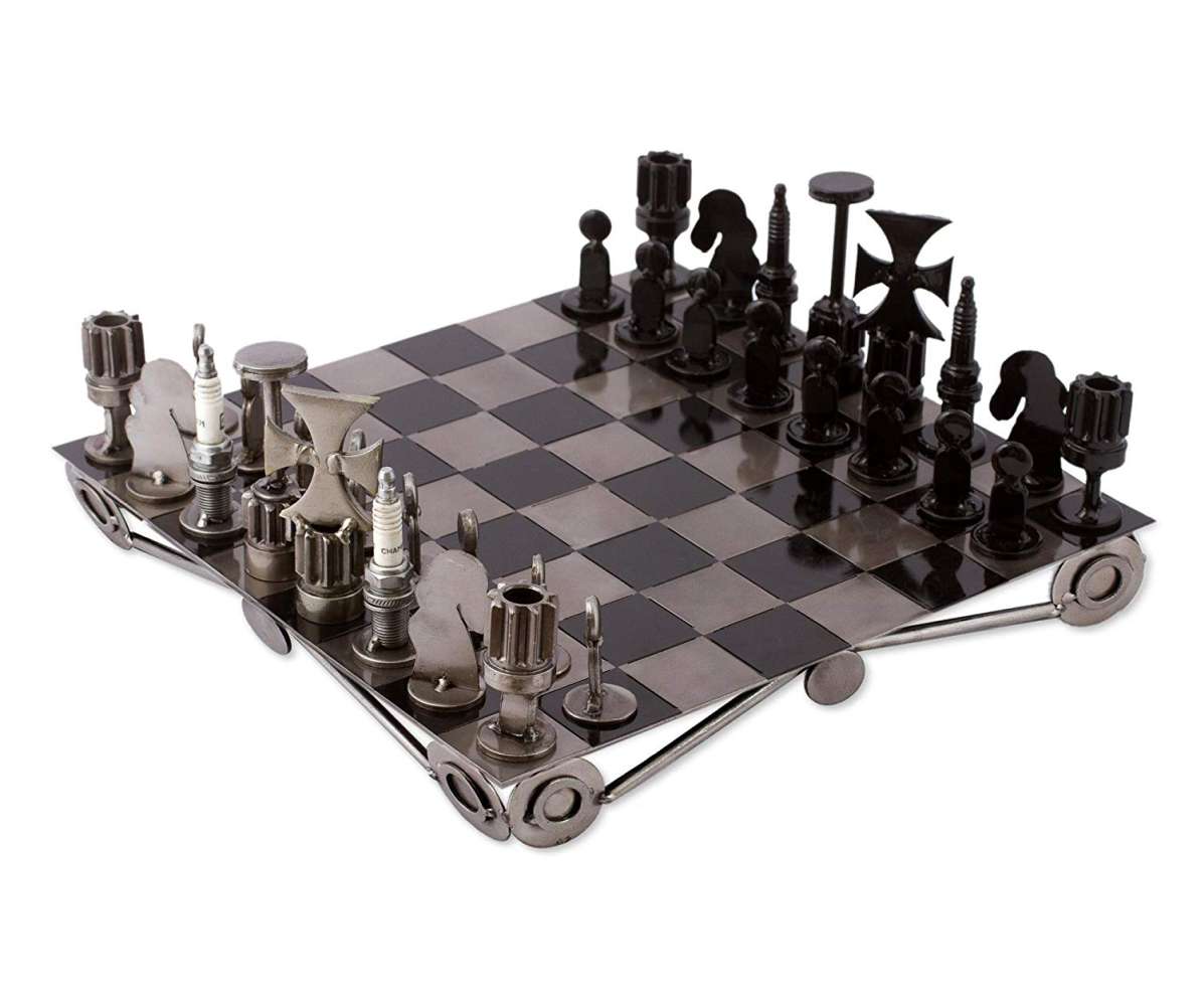 Chess set reclaimed from used auto parts
