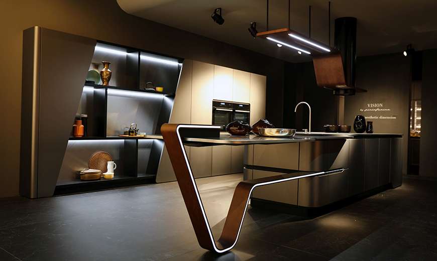 Kitchen island outlined by LED light strip