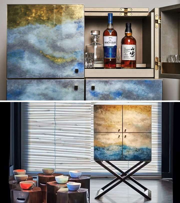 Armani Bar Cabinet with blue, gold, and gray lacquer on doors