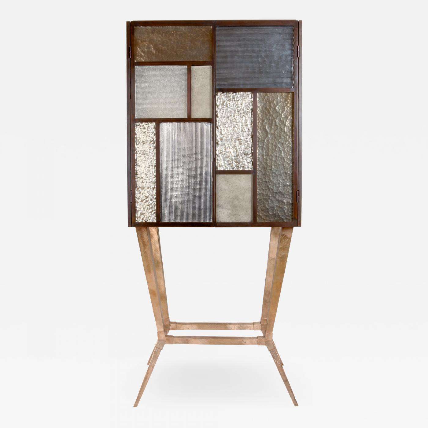 Mid-century modern Murano glass and patinated steel bar cabinet