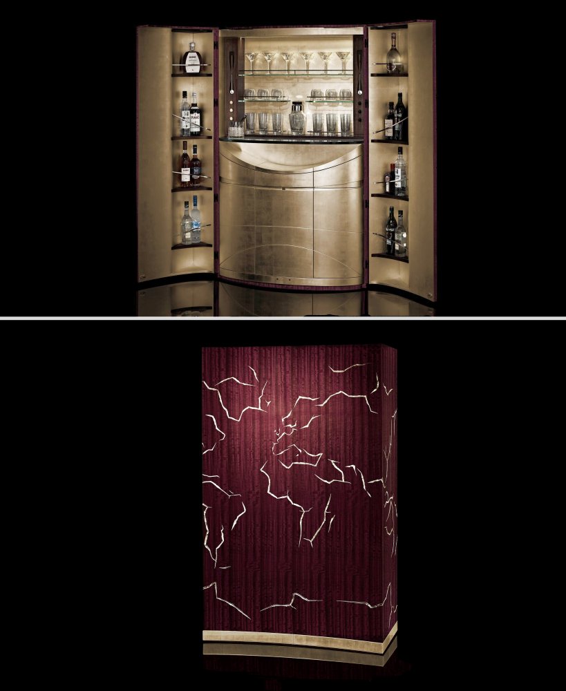 Bar with cabinet doors etched to resemble stylized fault lines between tectonic plates 