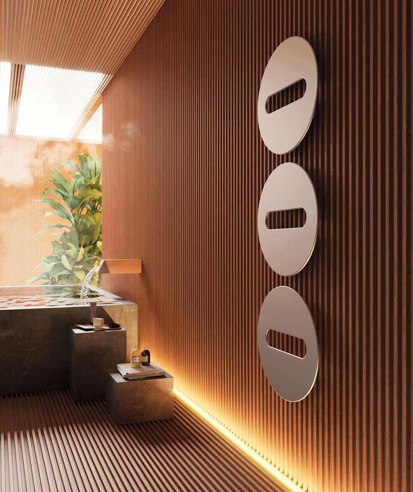 Round ultra thin towel warmer that can be installed as a trio and used as a radiator