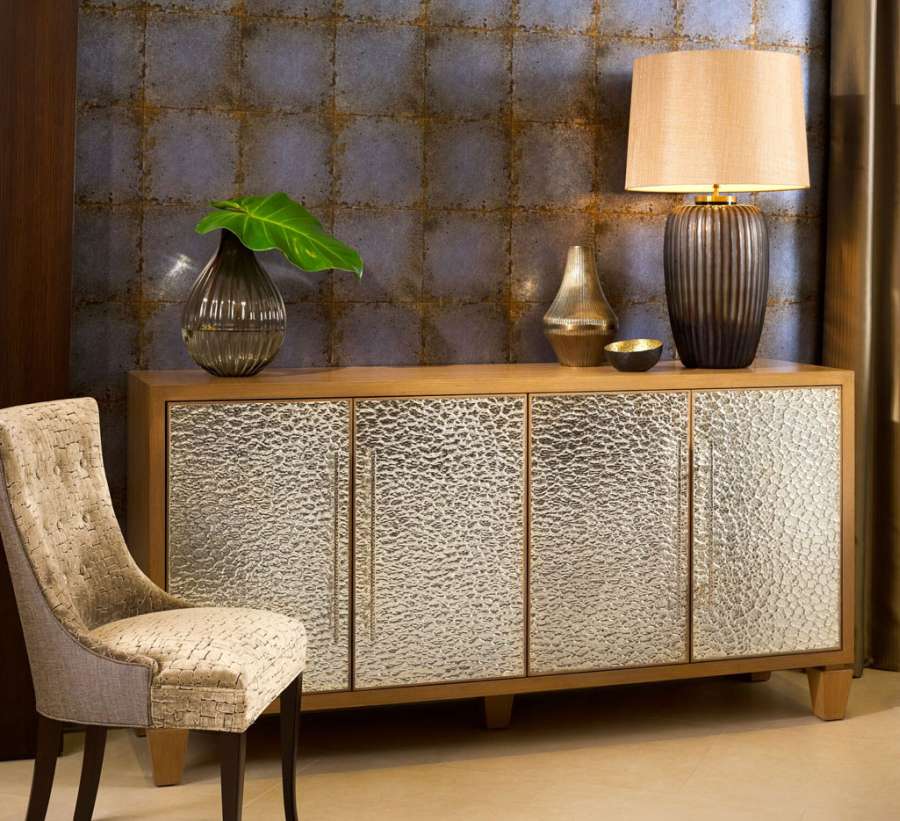 Cabinet with textured mirror doors and hand hammered polished nickel pulls