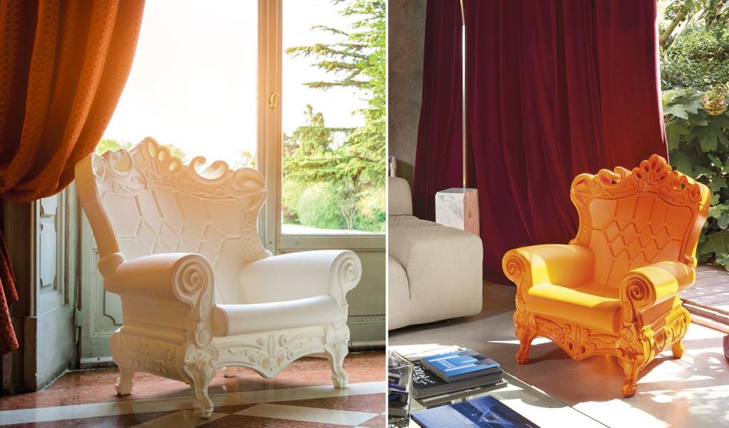 Armchairs with a contemporary interpretation of the Baroque style.
