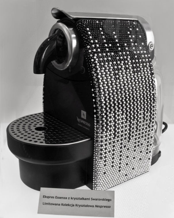 Espresso maker covered with black and silver Swarovski crystals