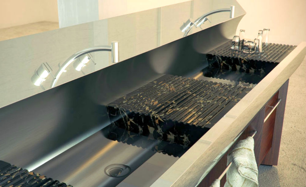 Stainless steel kitchen trough sink with black and gold marble drainboards 