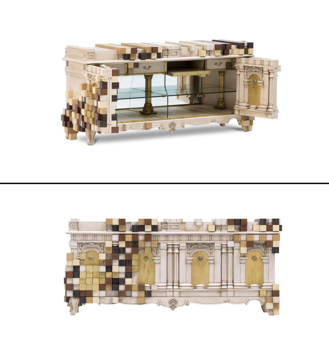 Contemporary sideboard with classic architectural features mixed with cubes of different finishes as decoration 