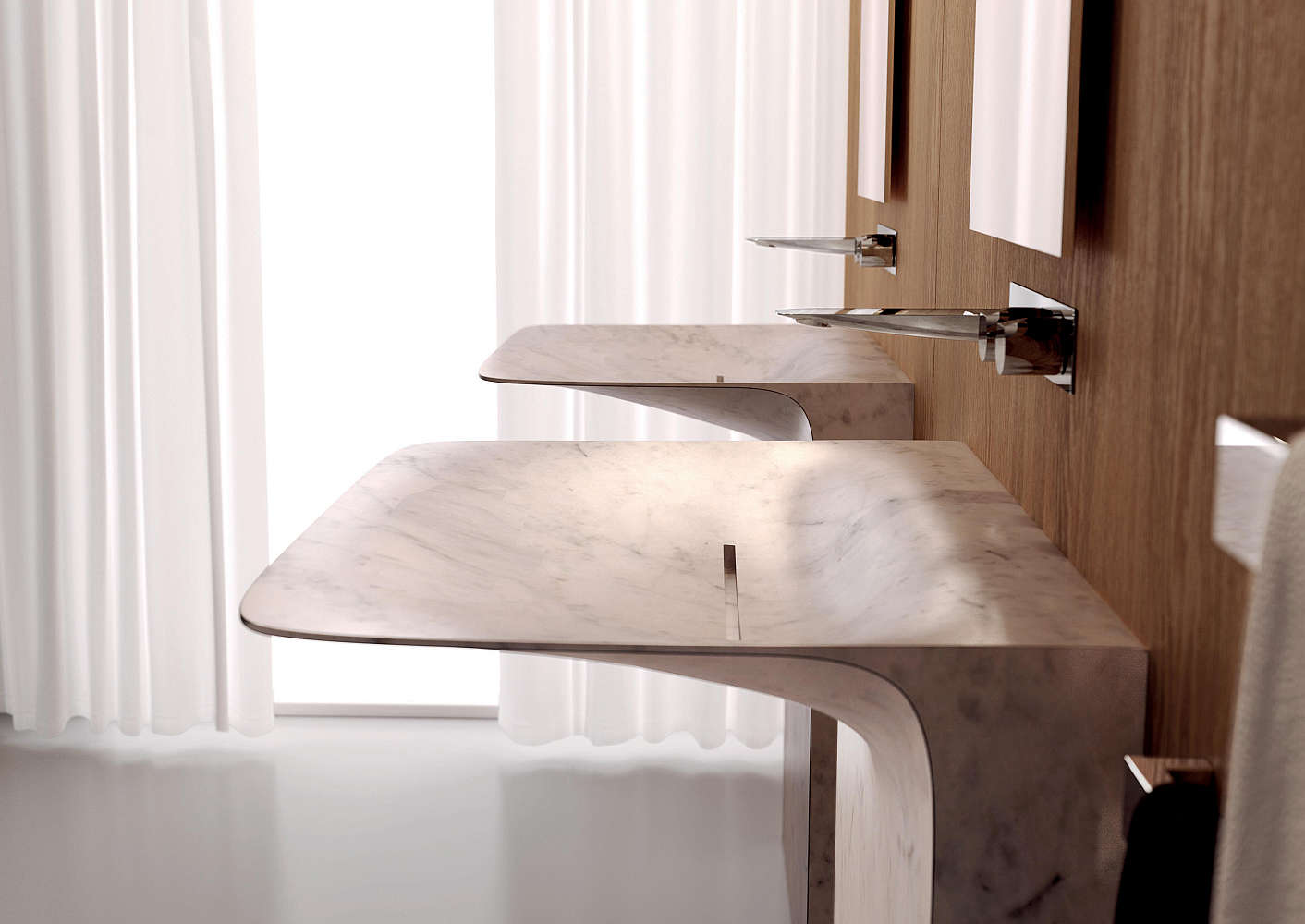 Low profile pedestal sink in Carrara marble