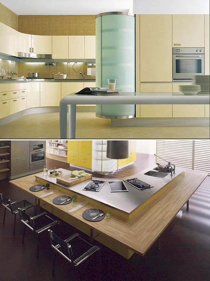 Kitchen island with semi-circular cooking area and linear dining counter on other side 