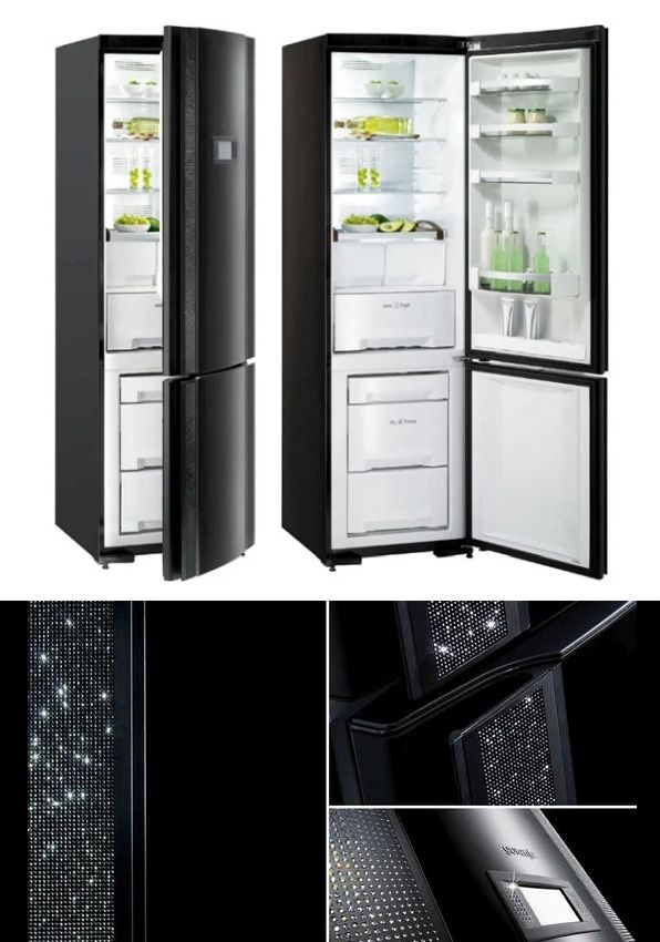 Refrigerator decorated with a vertical band of Swarovski crystals