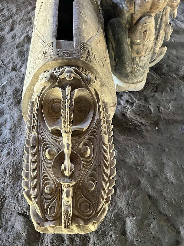 Crocodile Carving Detail in Sepik River Spirit House Ex-Headhunter Village Slit Drum