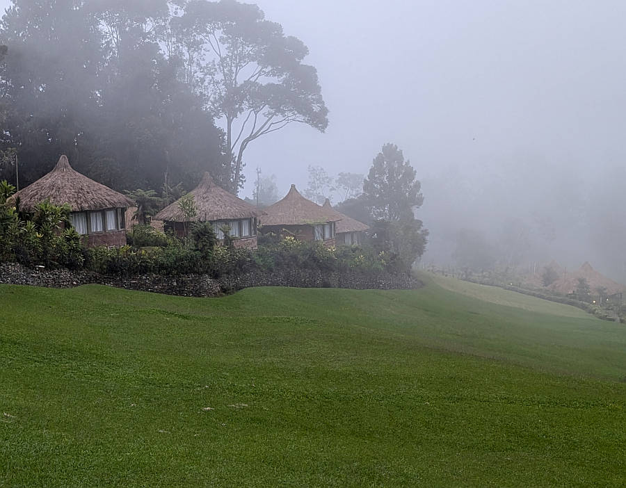 Ambua Lodge cabins shrouded in evening mist