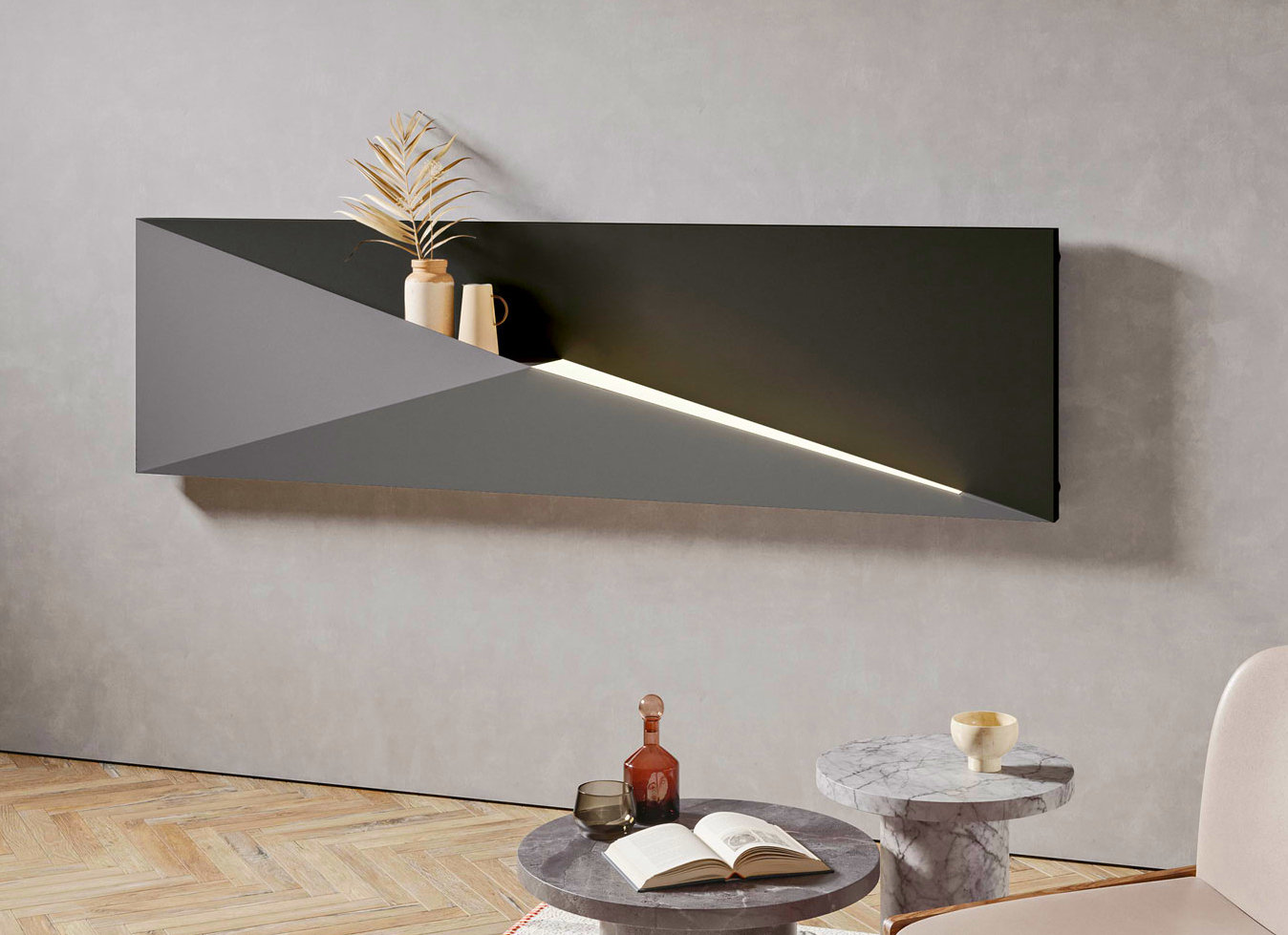 3-dimensional radiator featuring a storage shelf and color changing LED lapnp