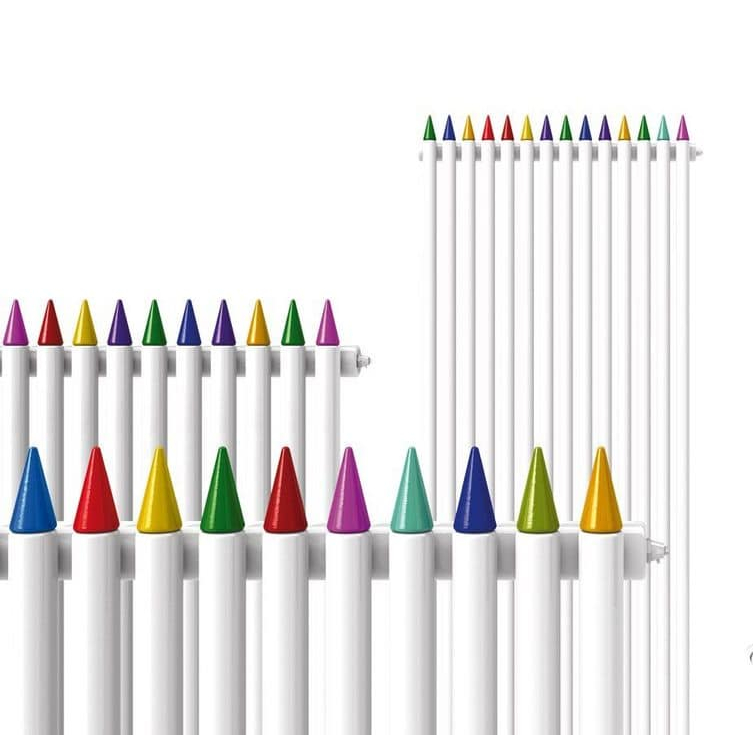 Radiator resembling a row of crayons or color pencils with their colored tips pointing upward