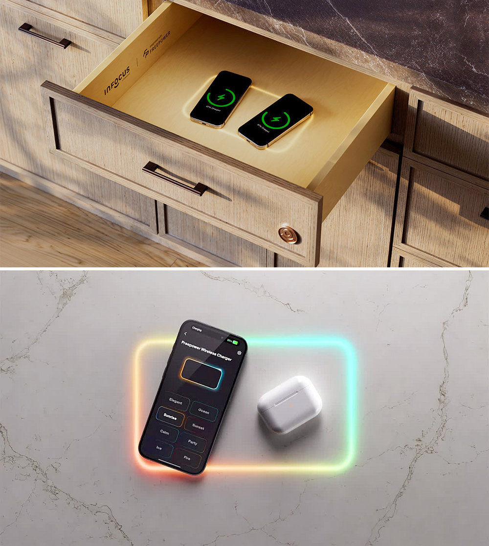Phones being charged wirelessly on a counter and in a drawer