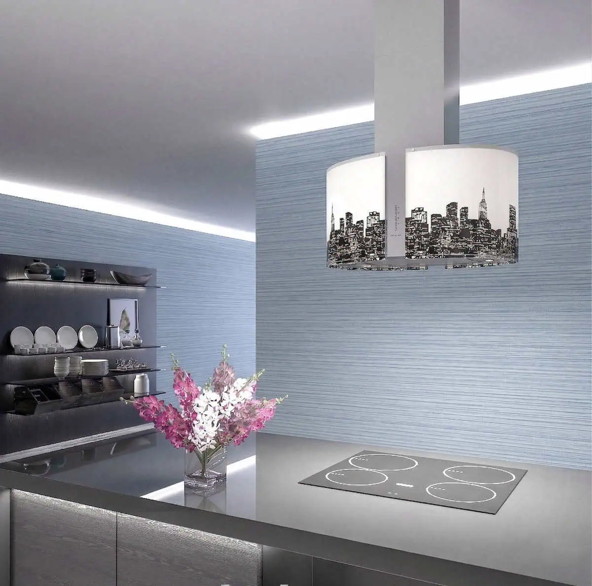 An island range hood with a skyline graphics etched glass shade