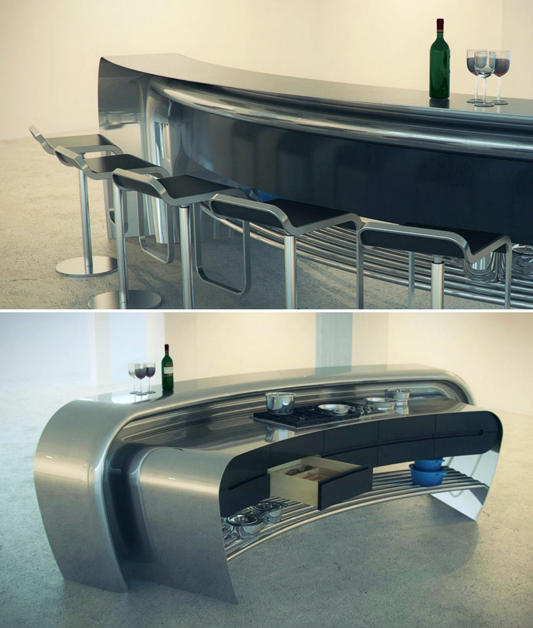 Bi-level stainless steel kitchen bar and workstation with curvilinear shape.