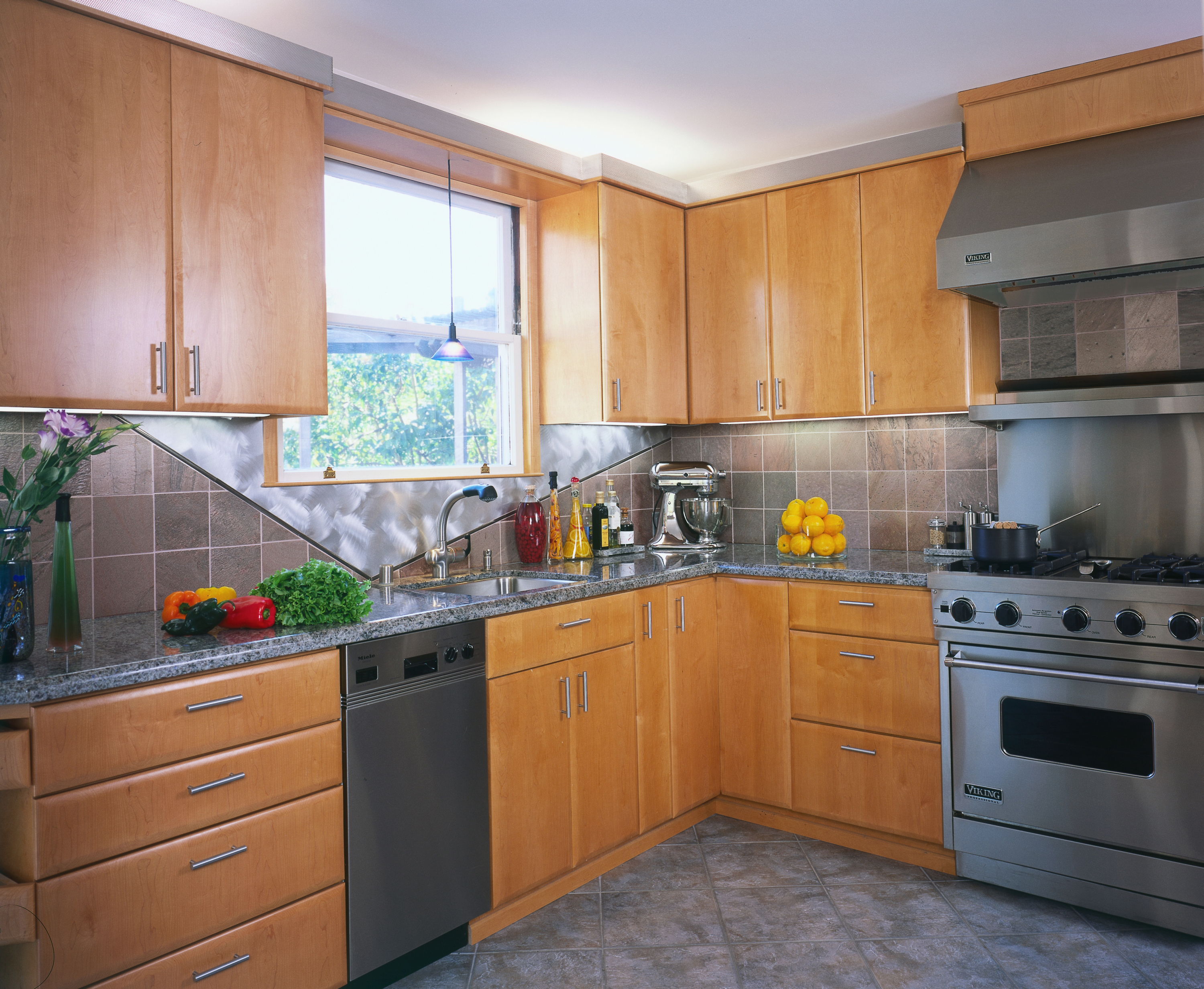 InterSpace Design - Kitchen Remodel showing Slate and Stainless Steel Backsplash