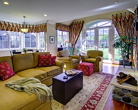 InterSpace Design - Living Room Renovation with Custom Window Treatments of Drapes and Valences in Cupertino home